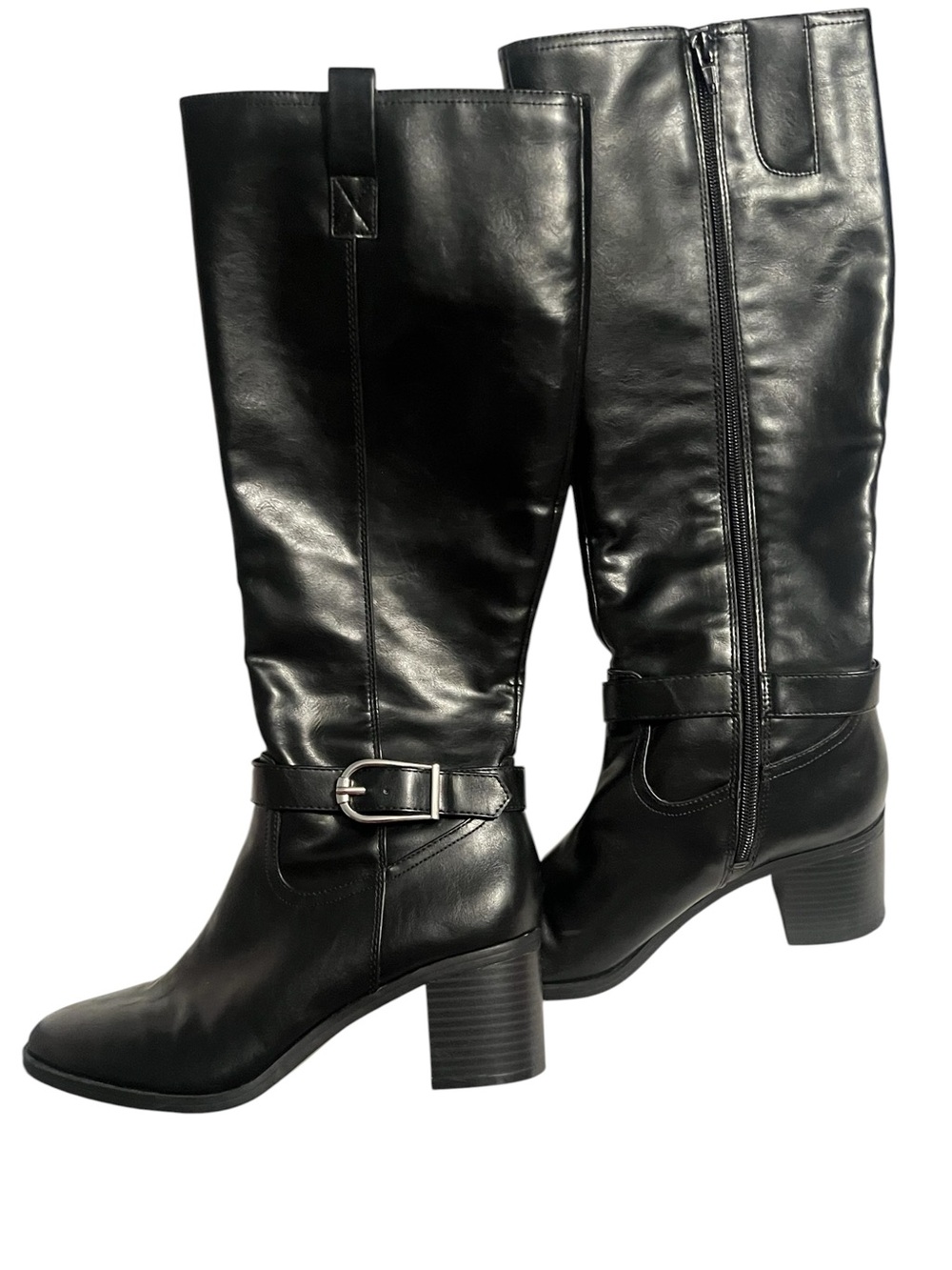 Life Stride Black Leather Knee-High Block Heel Boots with Buckle size 7